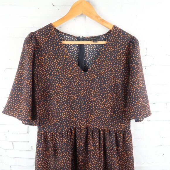 ANN TAYLOR FACTORY BLUE & ORANGE PRINT BUTTERFLY SLEEVE V NECK DRESS SIZE 4 - Picture 4 of 8